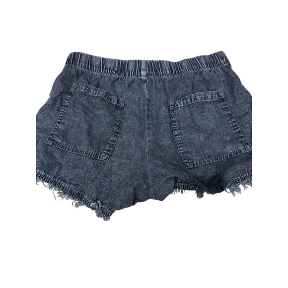 Black Acid Wash Denim Shorts Women's Large Frayed Hem Elastic Waist Drawstring - Picture 4 of 5